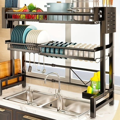 Over-Sink Dish Drying Rack Kitchen Organizer, 30-33.9-Inch Two-Tier Frame with Seven Removable Accessories