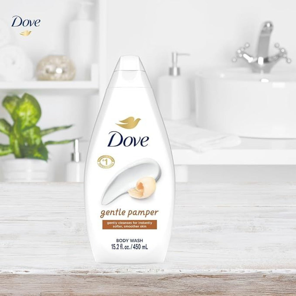 Three-Pack Dove Gentle Pamper Body Wash with 450ml Flip-Cap Bottles and Matching Front Labels