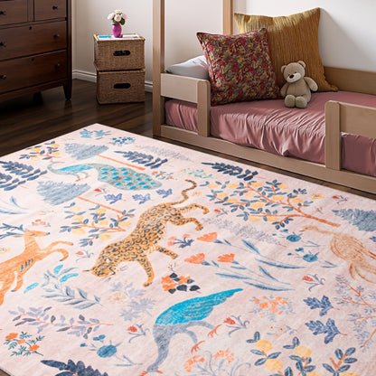 Area Rug 8x10 Ft Soft Non-Slip Machine Washable Large Floor Rug with Floral Forest Animal Patterns for Living Room Bedroom Home Decor – Durable Easy Clean Indoor Carpet