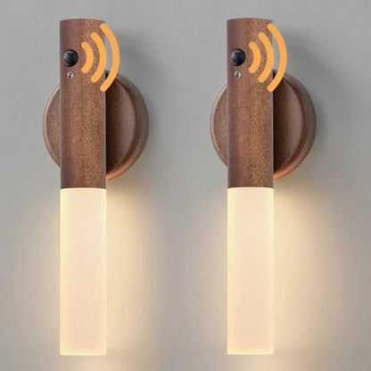 Motion Night Light Rechargeable LED – IPX4 Waterproof Wood Grain & Walnut Under Cabinet Step Lamp for Staircase, Hallway, Wardrobe, Closet & Indoor Walls (2 or 4 Pack)