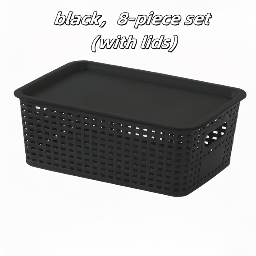 Flip-Top Lid Storage Baskets Set of 8 in White for Desktop, Documents and Shelf Organization