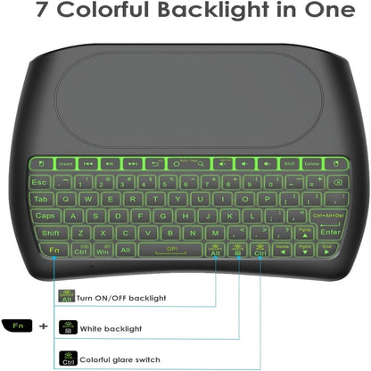 Wireless Mini Keyboard with Large Touchpad & 7-Color Backlight – Bluetooth & 2.4G Dual Mode Handheld Keyboard Remote Control, Rechargeable, USB Dongle, Plug and Play for TV Box PC Smart TV