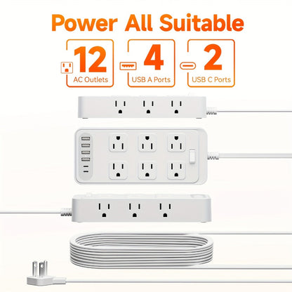 Charging Station Power Strip 18-in-1 with 12 AC Outlets 4 USB-A 2 USB-C Ports Surge Protector Flat Plug 5FT PVC Extension Cord Fire-Resistant for Home Office Travel Desk White Black
