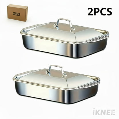 Stainless Steel Baking Pan Set 4-Piece – 2 Deep Roasting Pans & 2 Lidded Pans with Handles, 6-Liter Large Capacity 16.14" Rectangular Baking Pans for Lasagna, Fish, Chicken & Roasting – Dishwasher Safe