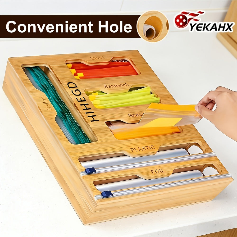 Bamboo Wrap Dispenser Kitchen Organizer 6-in-1 Bag Storage Box with Dual Cutters for Drawer or Wall