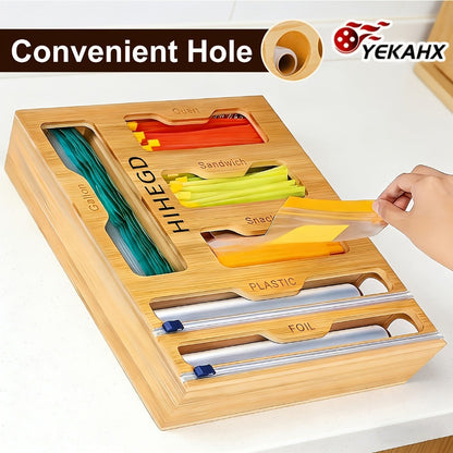 Bamboo Wrap Dispenser Kitchen Organizer 6-in-1 Bag Storage Box with Dual Cutters for Drawer or Wall