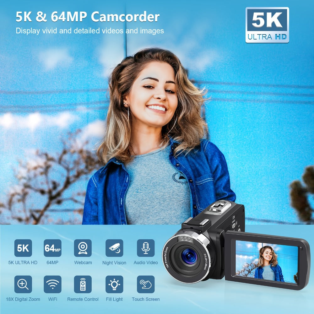 5K Vlogging Camera Camcorder 64MP WiFi for YouTube with IR Night Vision 18X Zoom 3 Inch Touch Screen Webcam External Microphone Remote Control 2 Batteries Loop Recording