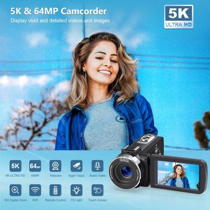 5K Vlogging Camera Camcorder 64MP WiFi for YouTube with IR Night Vision 18X Zoom 3 Inch Touch Screen Webcam External Microphone Remote Control 2 Batteries Loop Recording