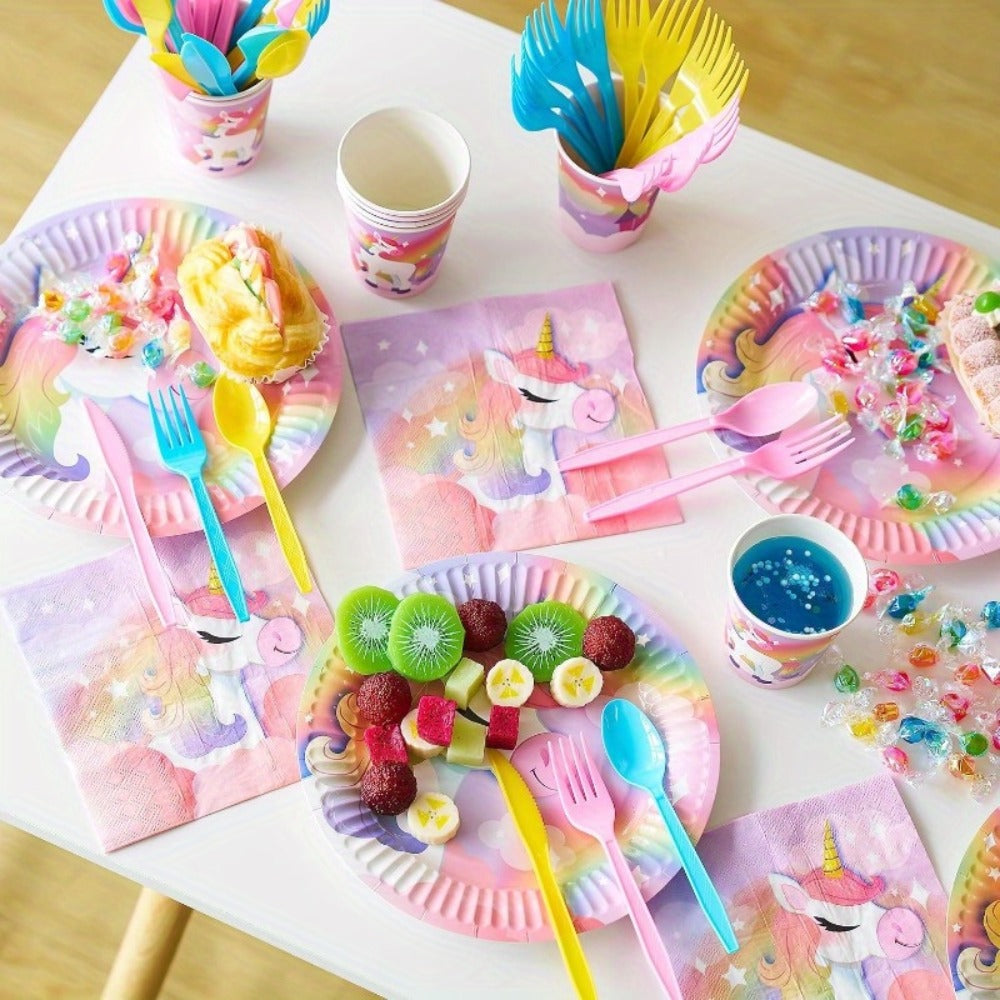 Unicorn Tableware Party Supplies Set with 145 Pieces for 24 Settings, Cups, Cutlery and Banner
