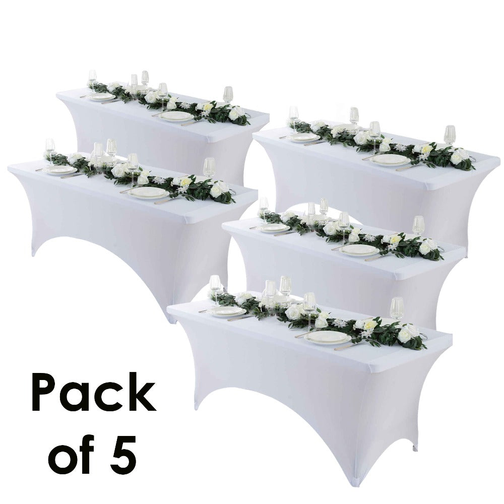 Tablecloth Fitted Stretch Cover Set for 4, 6 or 8-Foot Rectangle Tables in 3 or 5-Piece Packs