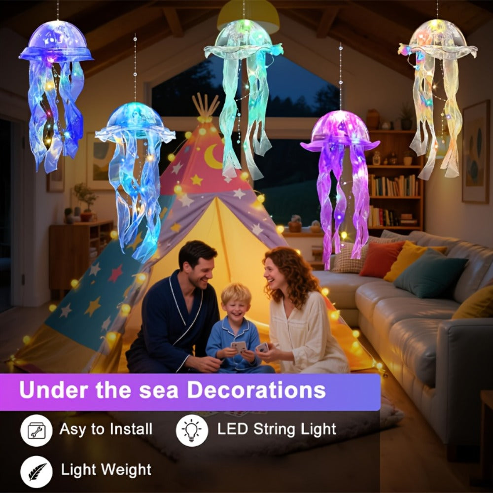 Five-Piece Illuminated Jellyfish Hanging Decoration Set with Translucent Crystal-Style Ribbons