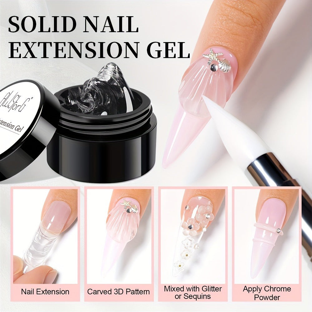Builder Gel Nail Extension Starter Kit 5pcs Clear Nude Solid — Hard Gel Sculpting Set with Flower Molds & Sculpting Brush for 3D Floral Nail Art, Rhinestone Acrylic Extensions for Women Beginners & Salon