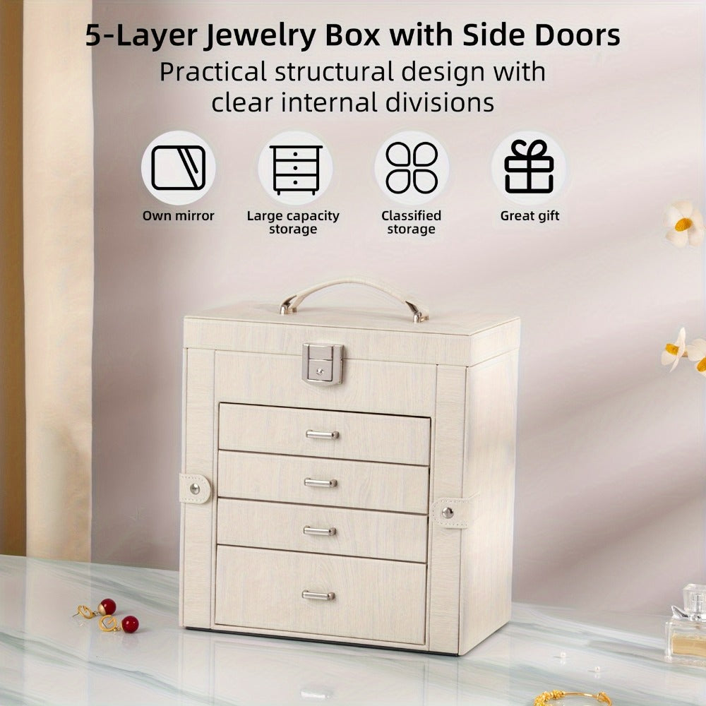 Large Jewelry Box 5-Tier PU Leather Organizer with Lock & Mirror – Storage Case for Bracelets, Earrings, Rings & Necklaces
