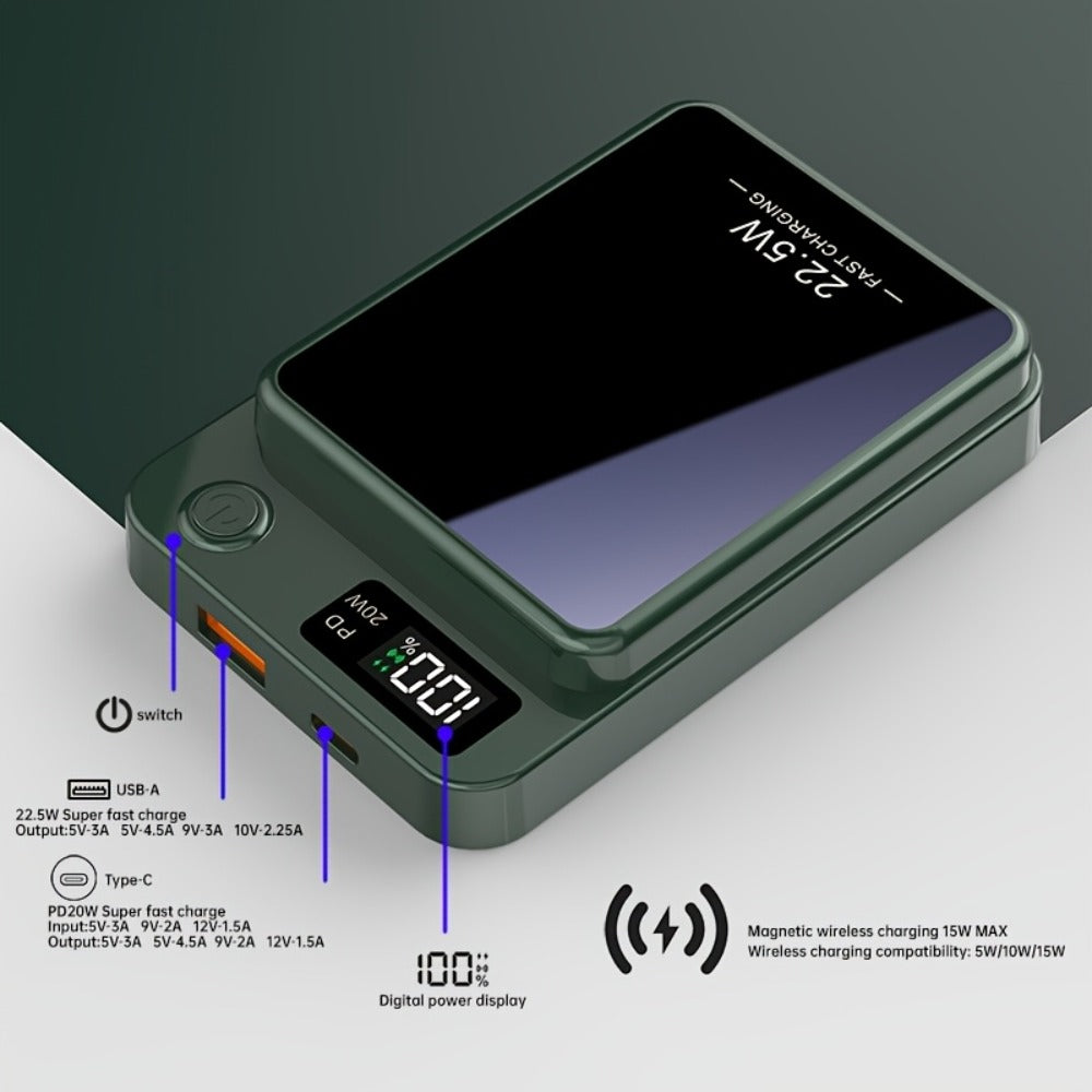 Power Bank Magnetic 10000mAh or 15000mAh with 15W Wireless, 22.5W Wired, USB-C and LED Display