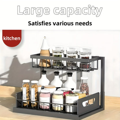 Two-Tier Pull-Out Cabinet Organizer with Upper and Lower Sliding Trays in Grey, Black or White Package Options