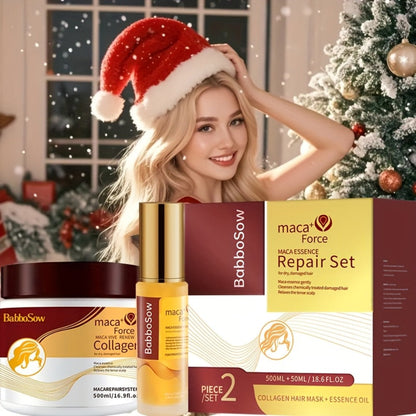 Argan Oil Collagen Hair Mask Set 500ml — Keratin Deep Conditioning Treatment, Repairs Damaged Dry Hair, Restores Shine & Strength, Maca Essence + Essential Oil, Gift for Women