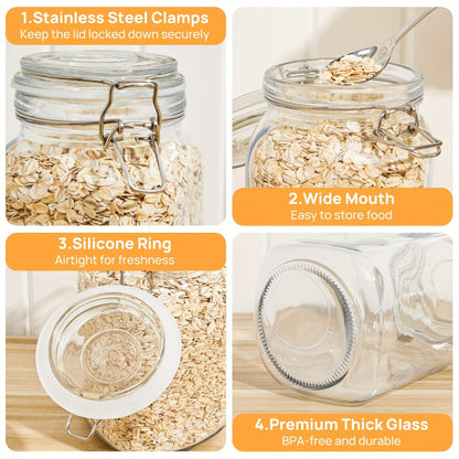 Airtight Glass Storage Jars with Lids 3-Pack 50 OZ, Square Food Canisters for Kitchen Pantry Organization