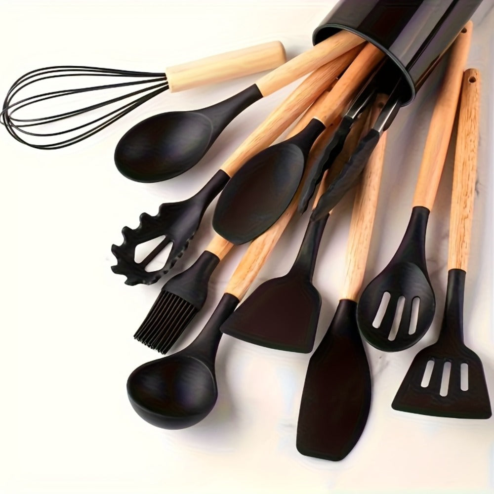 13-Piece Silicone Kitchen Utensil Set with Wooden Handles, Storage Holder and Khaki or Dark Gray Colors