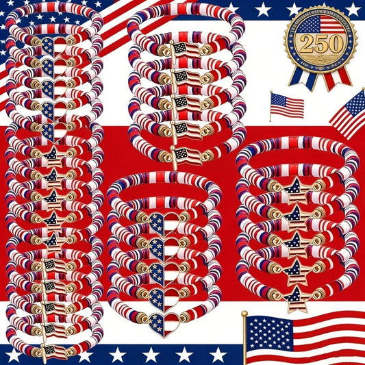 Beaded Bracelet - Patriotic Stretch Bulk Red White Blue Polymer Clay Bead Bohemian Retro - main product view