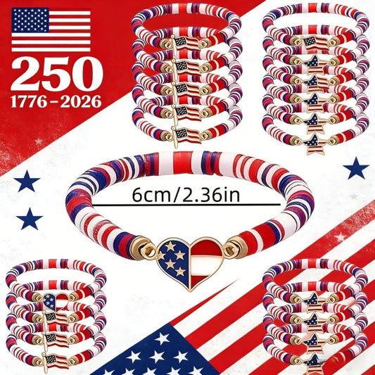 Beaded Bracelet - Patriotic Stretch Bulk Red White Blue Polymer Clay Bead Bohemian Retro - product detail view 2