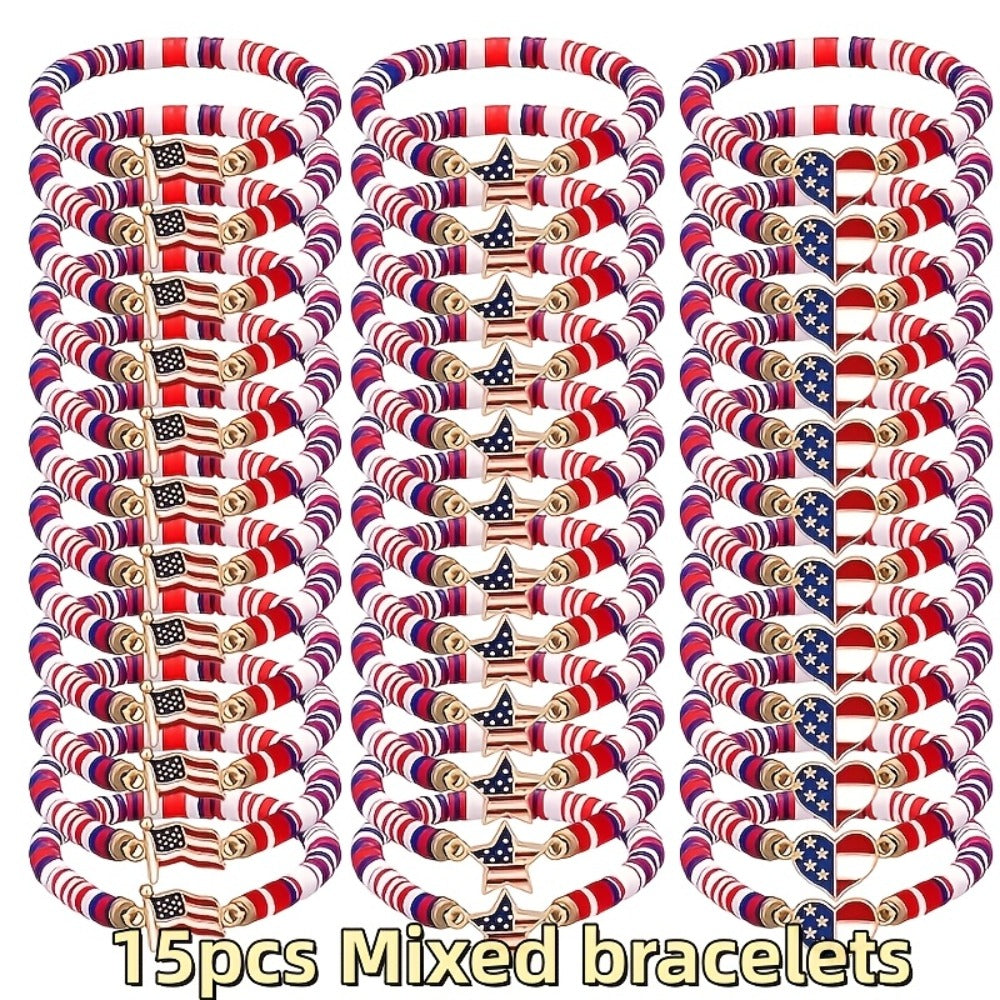 Beaded Bracelet - Patriotic Stretch Bulk Red White Blue Polymer Clay Bead Bohemian Retro - product detail view 3