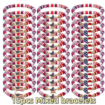 Beaded Bracelet - Patriotic Stretch Bulk Red White Blue Polymer Clay Bead Bohemian Retro - product detail view 3