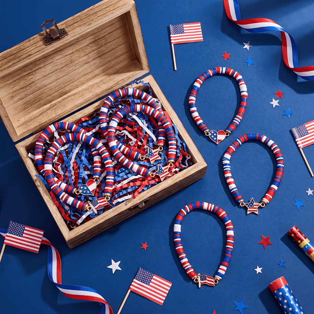 Beaded Bracelet - Patriotic Stretch Bulk Red White Blue Polymer Clay Bead Bohemian Retro - product detail view 4