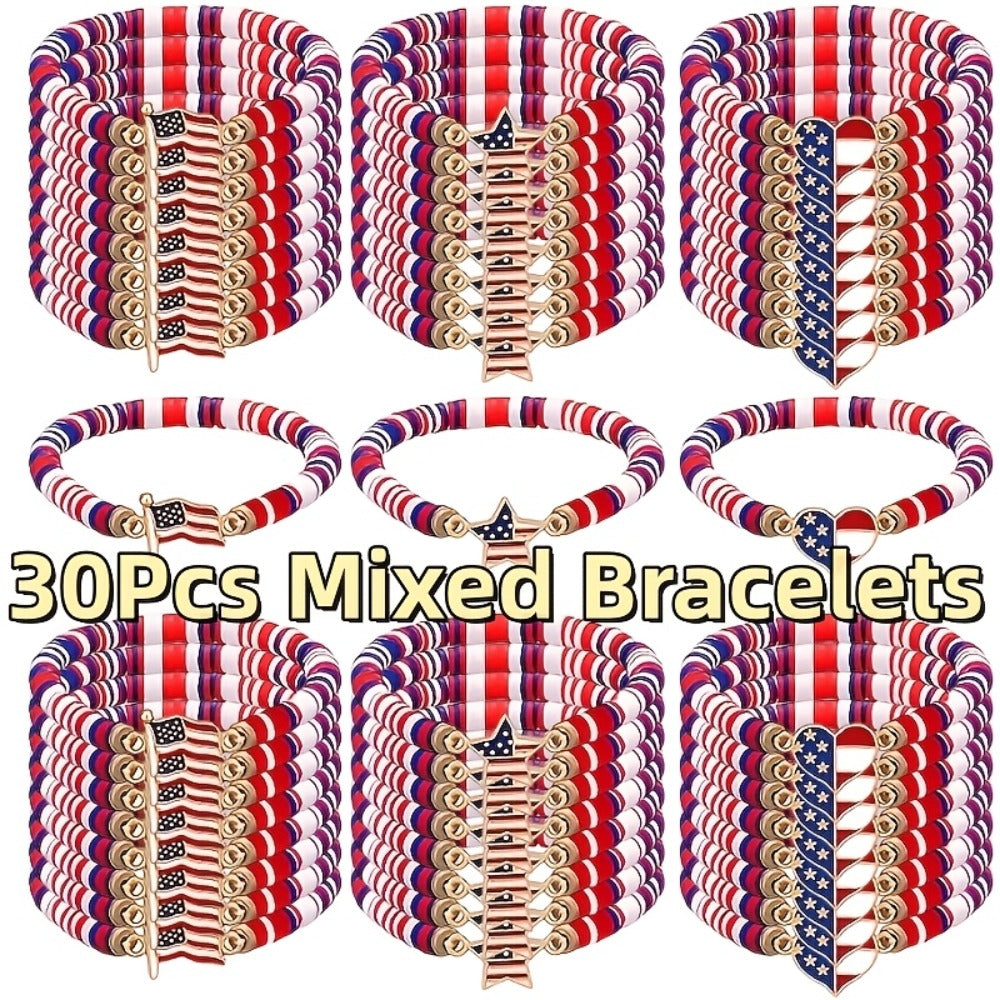 Beaded Bracelet - Patriotic Stretch Bulk Red White Blue Polymer Clay Bead Bohemian Retro - product detail view 5