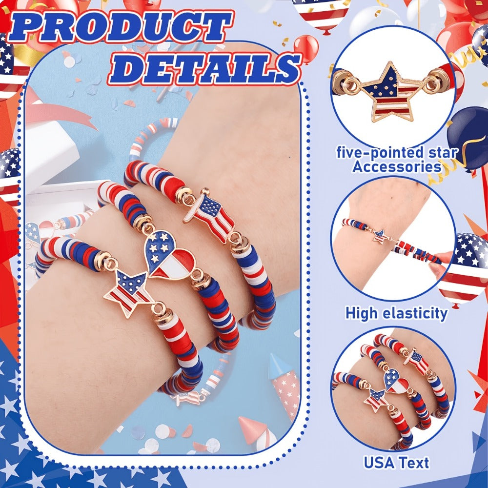 Beaded Bracelet - Patriotic Stretch Bulk Red White Blue Polymer Clay Bead Bohemian Retro - product detail view 6