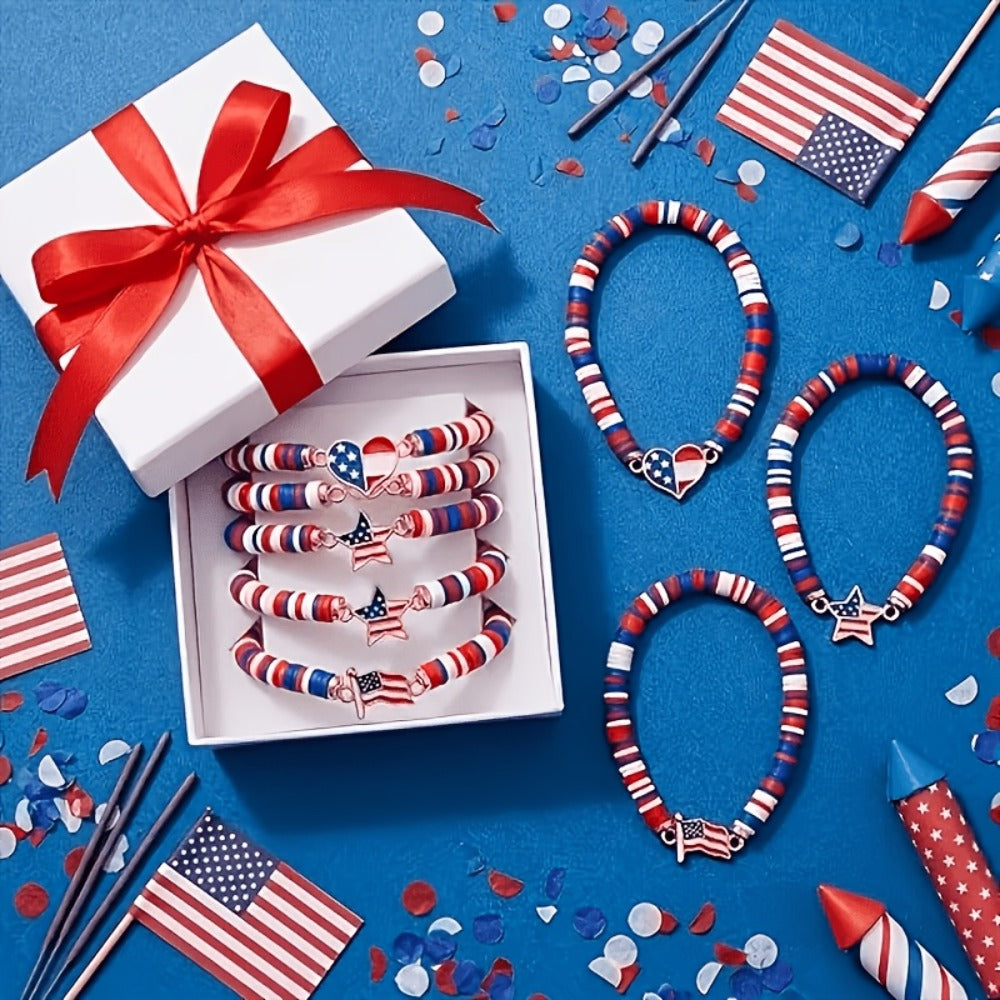 Beaded Bracelet - Patriotic Stretch Bulk Red White Blue Polymer Clay Bead Bohemian Retro - product detail view 7