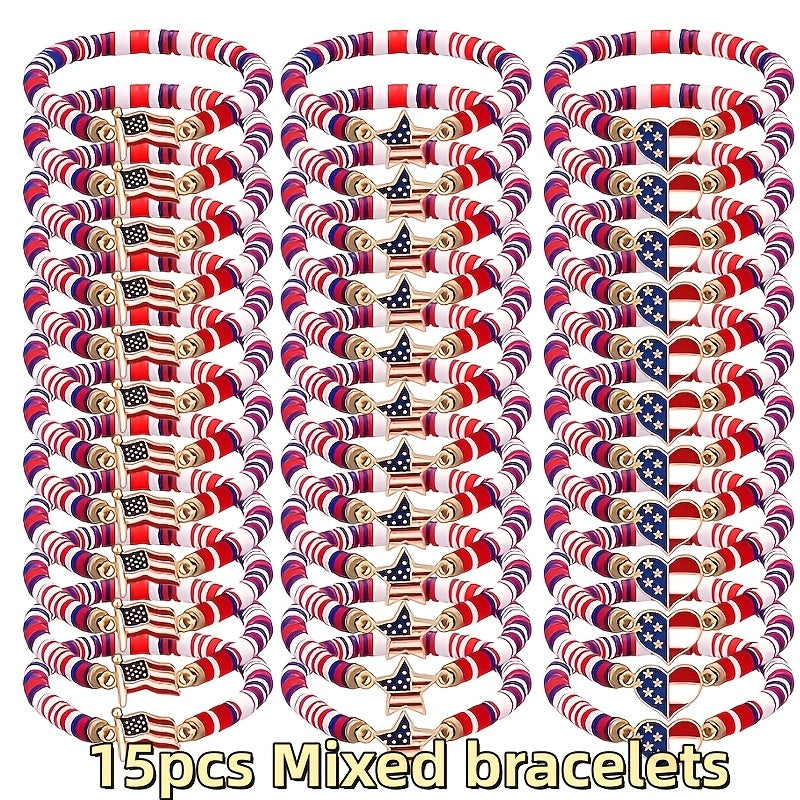 Beaded Bracelet - Patriotic Stretch Bulk Red White Blue Polymer Clay Bead Bohemian Retro - product detail view 8