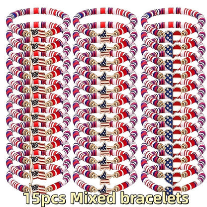 Beaded Bracelet - Patriotic Stretch Bulk Red White Blue Polymer Clay Bead Bohemian Retro - product detail view 8