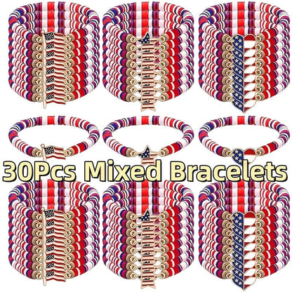 Beaded Bracelet - Patriotic Stretch Bulk Red White Blue Polymer Clay Bead Bohemian Retro - product detail view 9