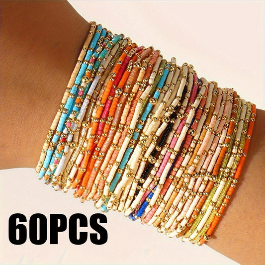 Beaded Bracelet - Seed Bead Set 60 Pcs Boho Elastic Stretch Stack Women Multicolor Bohemian - main product view