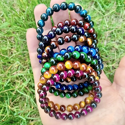 Beaded Bracelet - Tiger Eye Stone Set 8Pcs - 8mm Handmade Natural Stone , Multicolor Boho - main product view