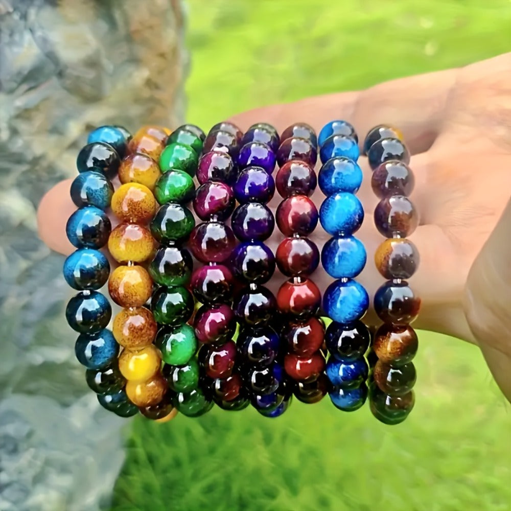 Beaded Bracelet - Tiger Eye Stone Set 8Pcs - 8mm Handmade Natural Stone , Multicolor Boho - product detail view 3