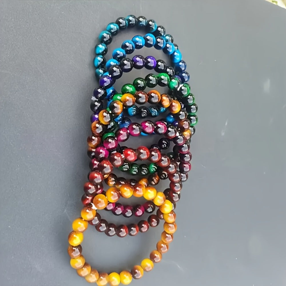 Beaded Bracelet - Tiger Eye Stone Set 8Pcs - 8mm Handmade Natural Stone , Multicolor Boho - product detail view 4