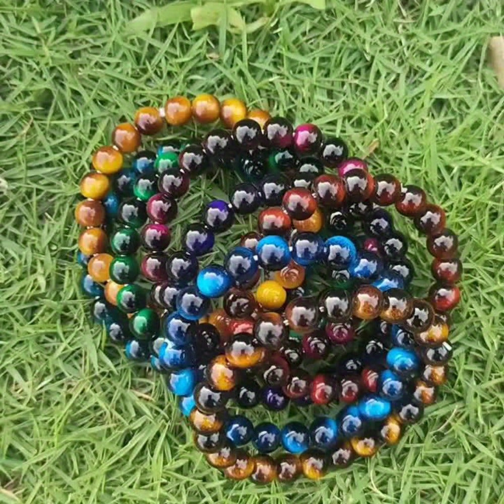 Beaded Bracelet - Tiger Eye Stone Set 8Pcs - 8mm Handmade Natural Stone , Multicolor Boho - product detail view 7