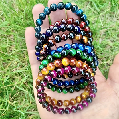 Beaded Bracelet - Tiger Eye Stone Set 8Pcs - 8mm Handmade Natural Stone , Multicolor Boho - product detail view 8