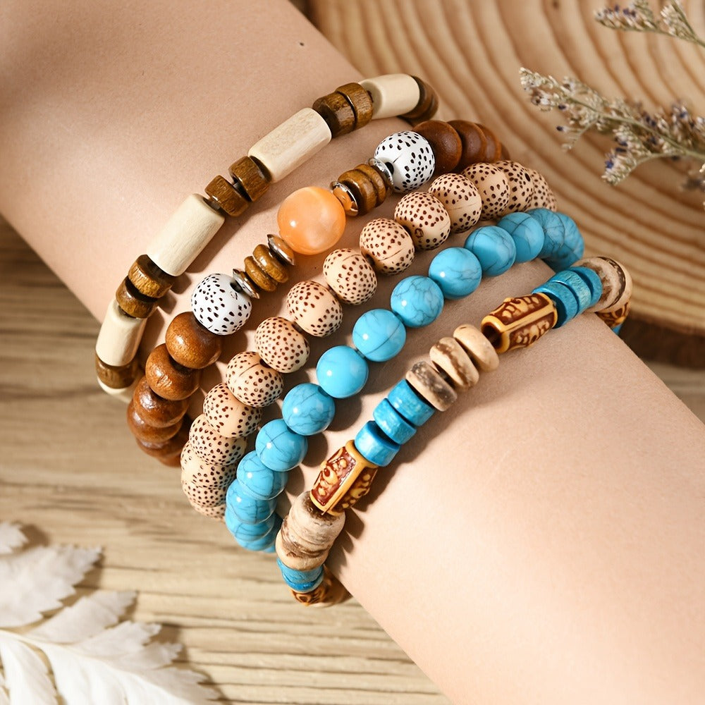 Beaded Bracelet - Wooden Bead Set 40pcs Bulk Vintage Western Boho Women Multi Layer Assorted - product detail view 2