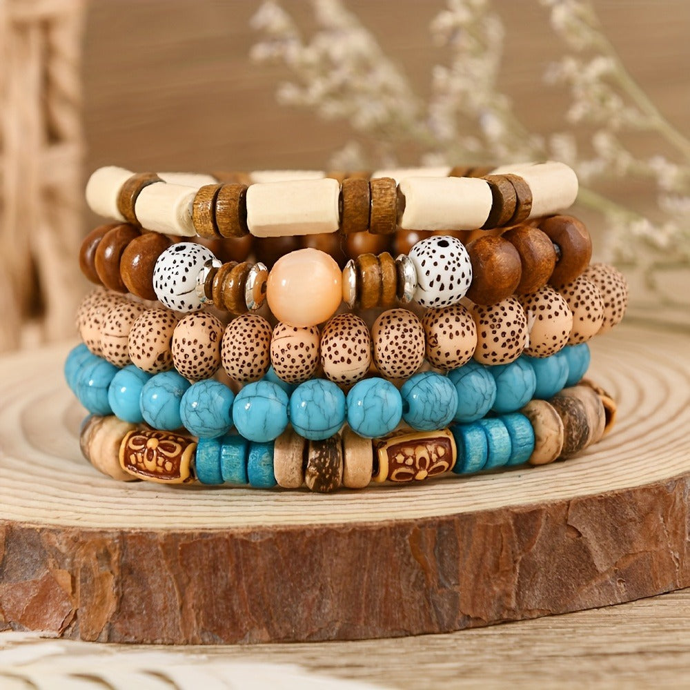 Beaded Bracelet - Wooden Bead Set 40pcs Bulk Vintage Western Boho Women Multi Layer Assorted - product detail view 8