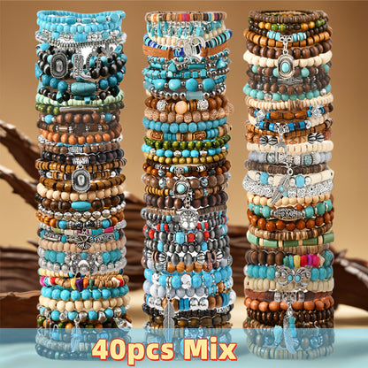 Beaded Bracelet - Wooden Bead Set 40pcs Bulk Vintage Western Boho Women Multi Layer Assorted - product detail view 11