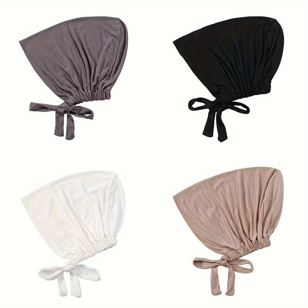 Beanie Hat - Inner Hijab Cap 4pcs Set - Elastic Modal Undercap Solid Color Tie Back - product detail view 3