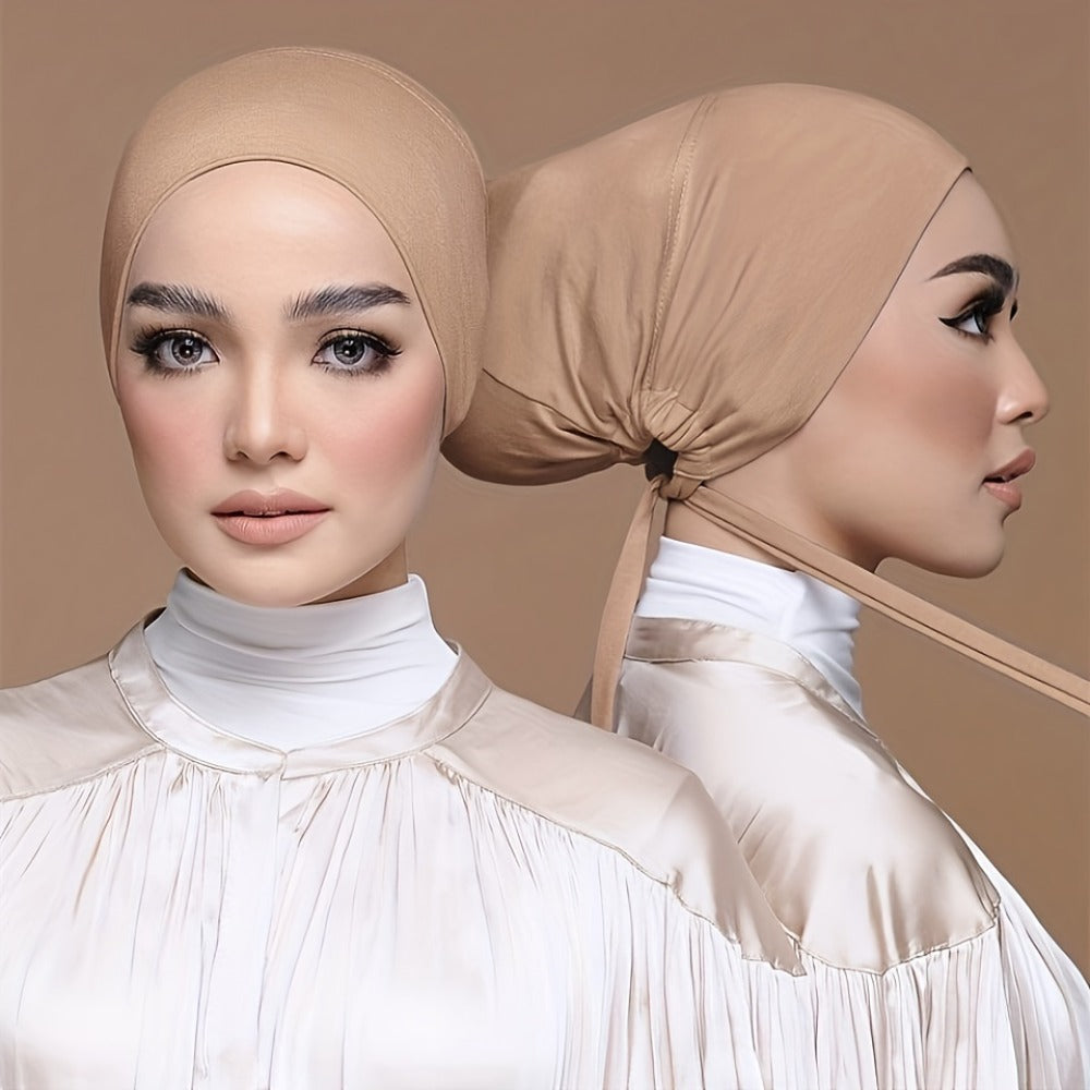 Beanie Hat - Inner Hijab Cap 4pcs Set - Elastic Modal Undercap Solid Color Tie Back - product detail view 11