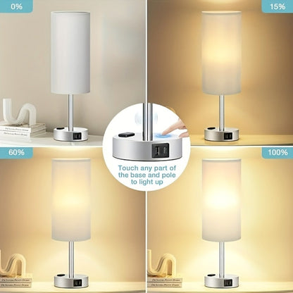 Table Lamp with Burlap Drum Shade, Wood Base, Three-Way Touch Dimming, USB-C Port and AC Outlet
