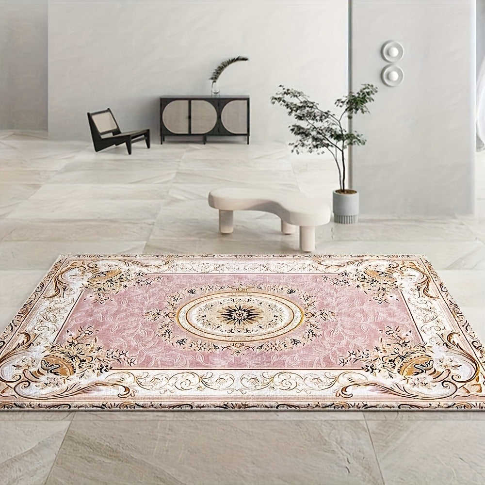 Area Rug 852 GSM Velvet Floral Check Design with Low Pile and Five Machine-Washable Room Sizes
