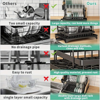 Two-Tier Dish Drying Rack, Compact Metal Countertop Drainer with Drainboard in Three Colors
