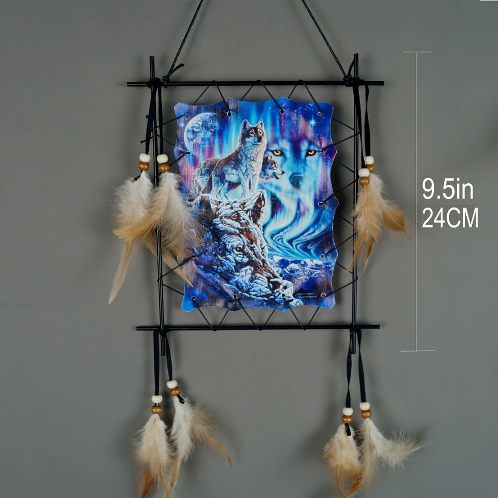 Two-Piece Animal Canvas Wall Hanging Set with Beads, Feathers and Three Wolf-Eagle Designs
