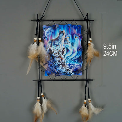 Two-Piece Animal Canvas Wall Hanging Set with Beads, Feathers and Three Wolf-Eagle Designs