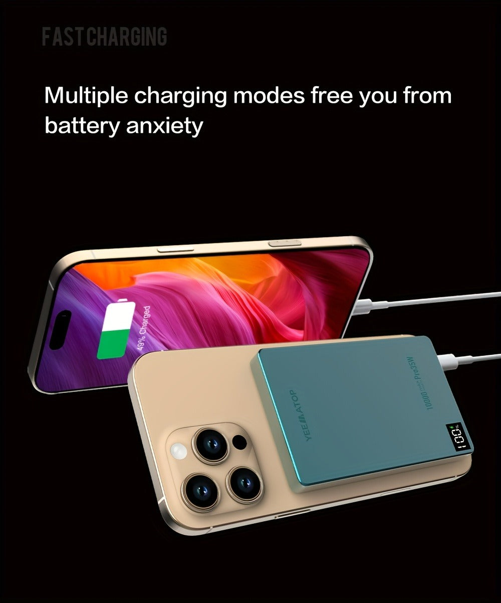 10000mAh Thin Magnetic Power Bank with 35W USB-C and 30W USB-A Port Markings in Four Colors